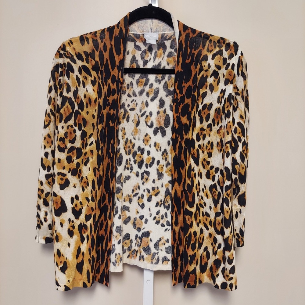 Chicos Size 0 Leopard Print Open Front Cardigan Sweater 3/4 Sleeve Women's Small